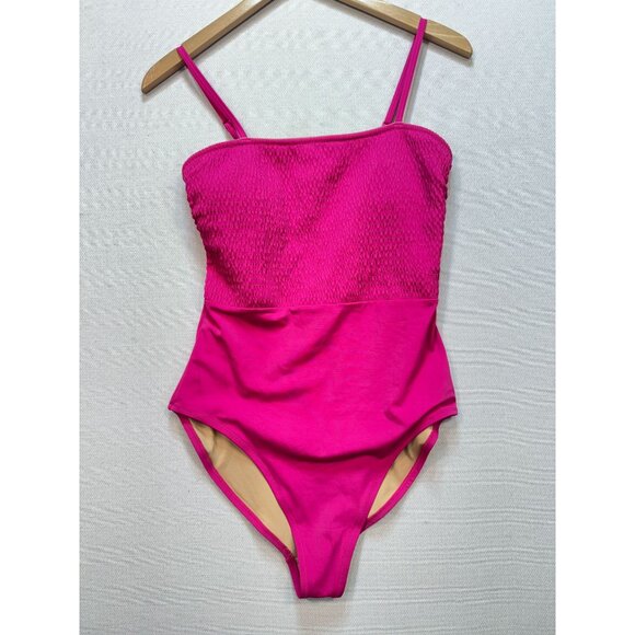 Old Navy Womens Smocked Bandeau One-Piece Swimsuit Size M Hot Pink Stretch Beach - Picture 5 of 11